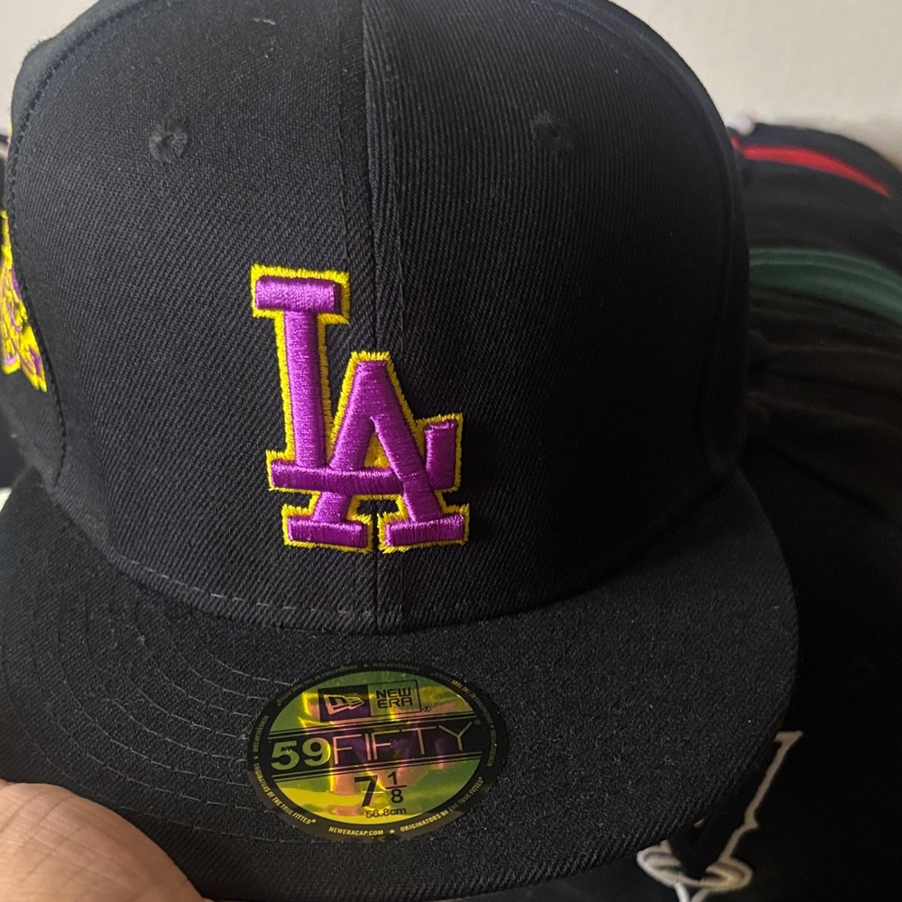 New Era Black LA Dodgers Fitted Cap with Purple & Yellow Embroidered Logo
